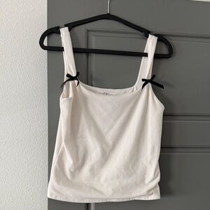 Ribbed Cream Tank with Black Bow Straps